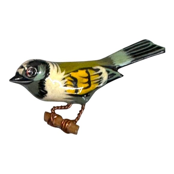 Vintage Hand Painted Takahashi Carved Wood Bird Pin Brooch 2.25" Green Yellow - Picture 3 of 5